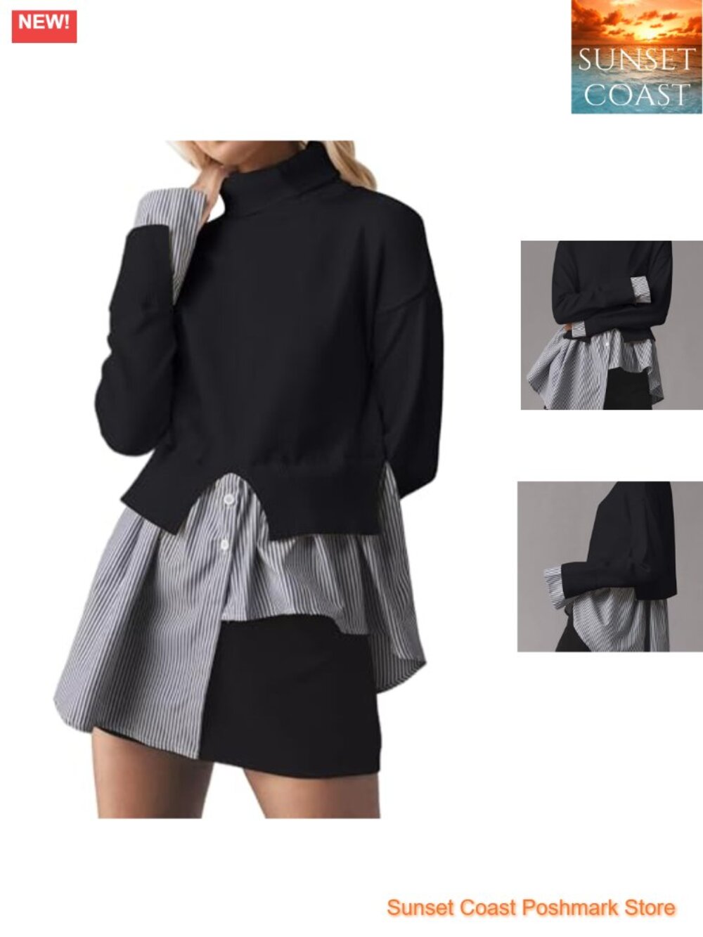 Women Slit Turtleneck Patchwork Sweater 2 in 1 Button Down Pullover